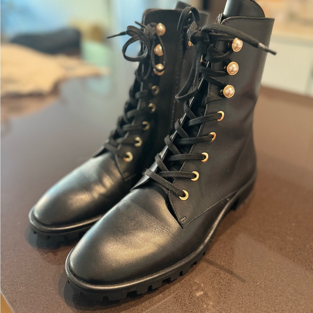 NWT Stuart Weitzman black leather pearl boots